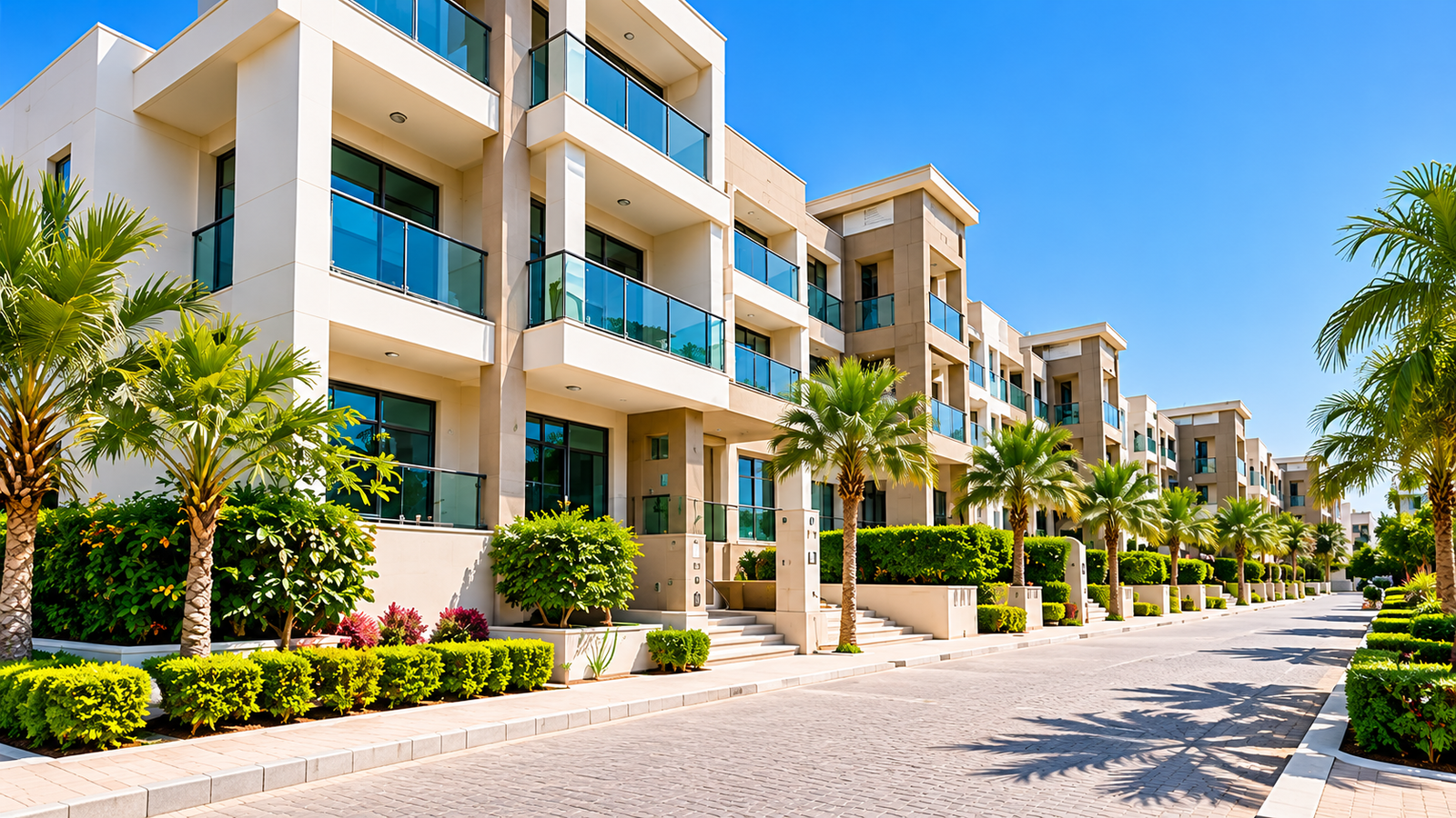 Modern residential villas with palm trees, landscaped gardens and a quiet street