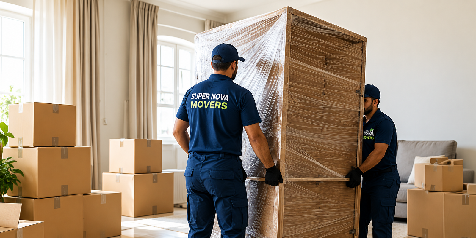 Professional movers wrapping and carrying furniture in Baniyas Abu Dhabi