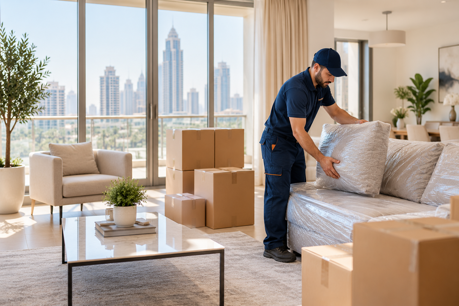 Professional mover carefully arranging plastic-wrapped sofa cushions and packed moving boxes during a home relocation.