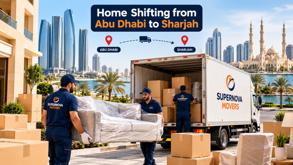 Home shifting from Abu Dhabi to Sharjah with professional furniture packing and moving services.