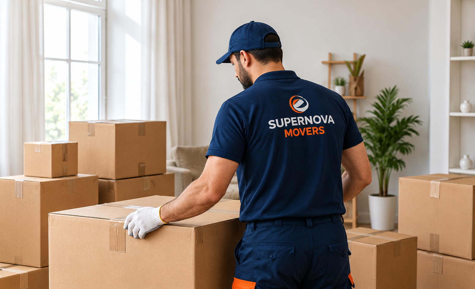 Supernova Movers professional in a navy uniform packing and handling cardboard boxes during a residential relocation.