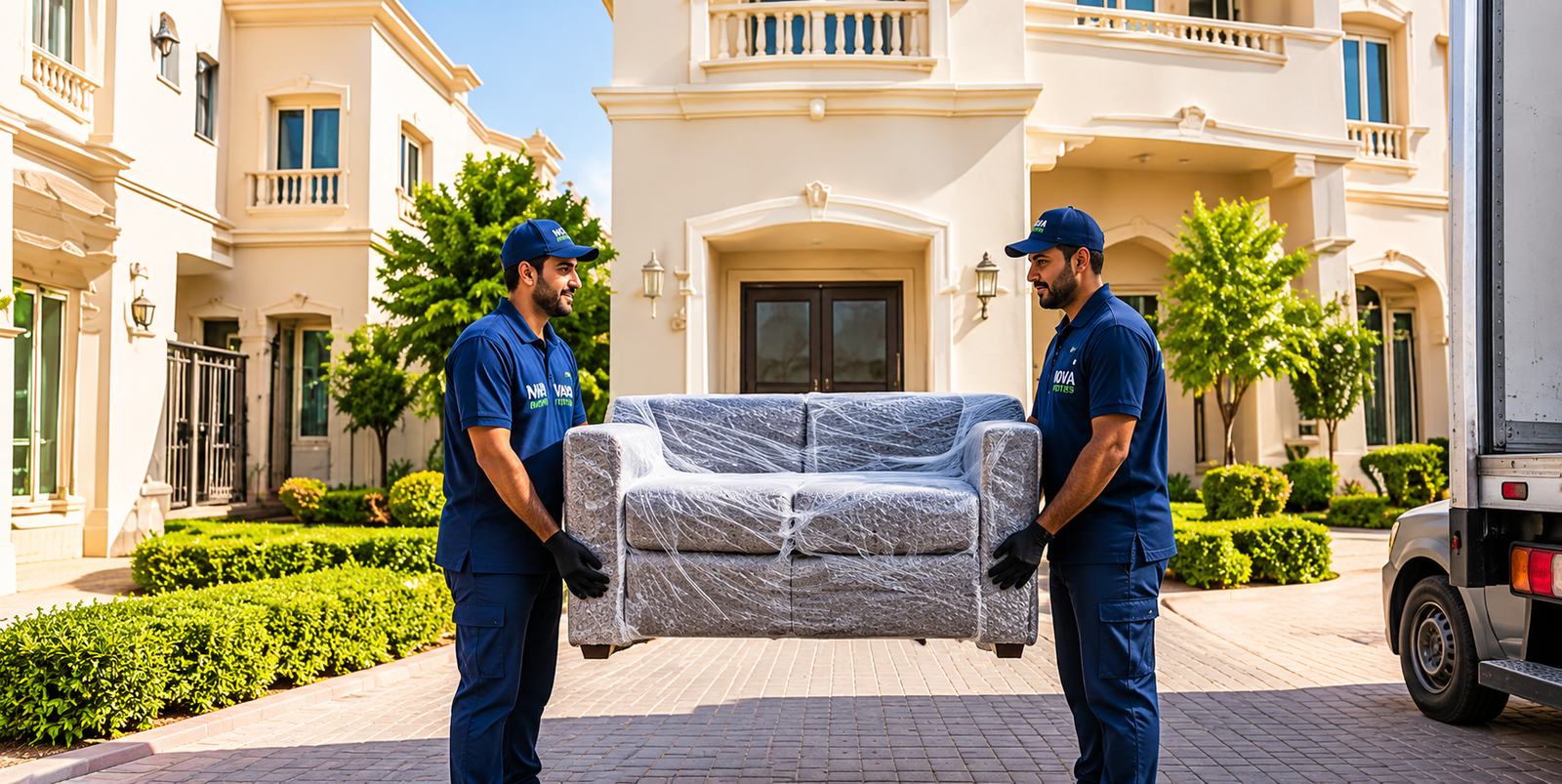 Villa movers in Baniyas Abu Dhabi carrying a protected sofa